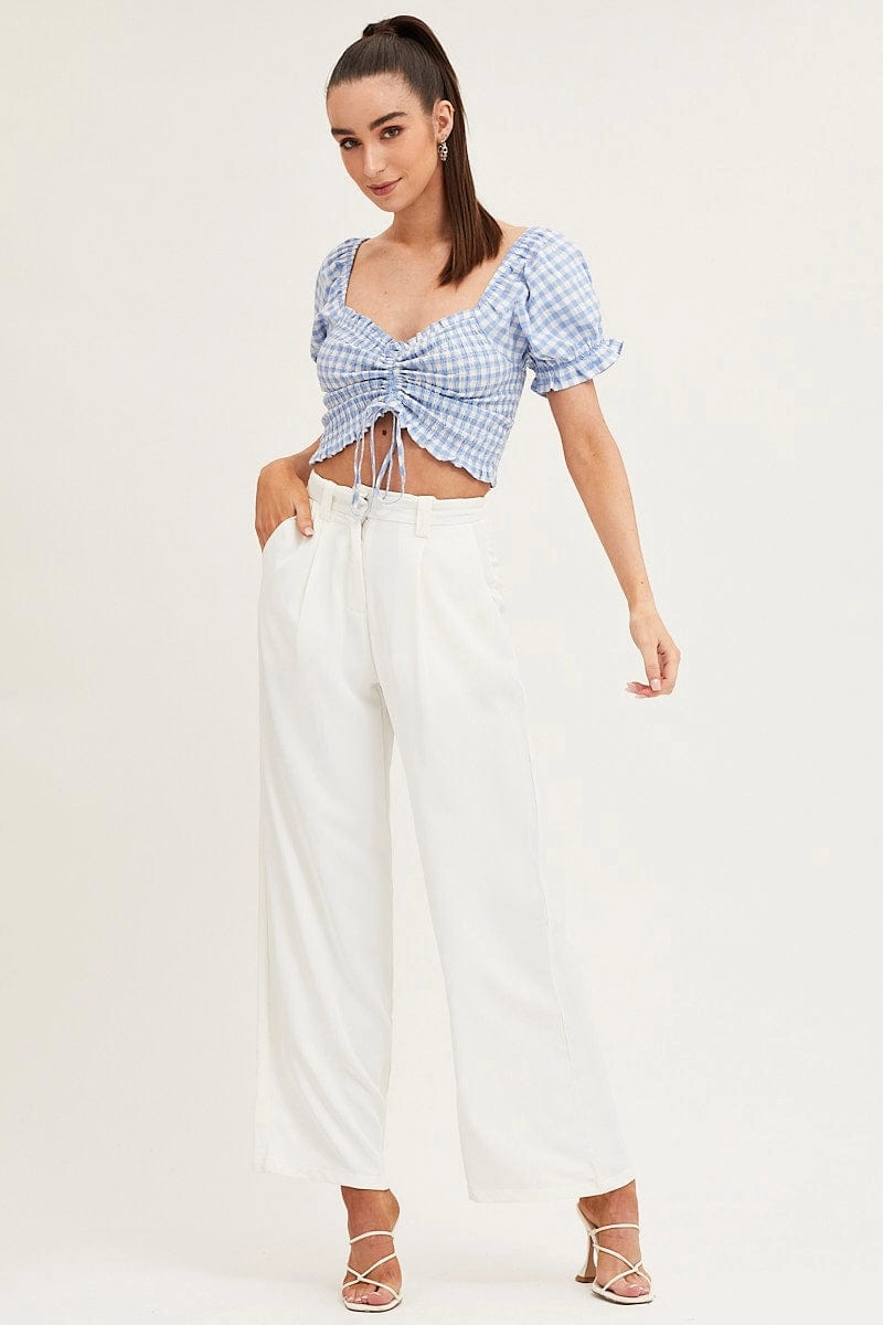 Check Crop Top Short Sleeve Sweetheart Ruched Front