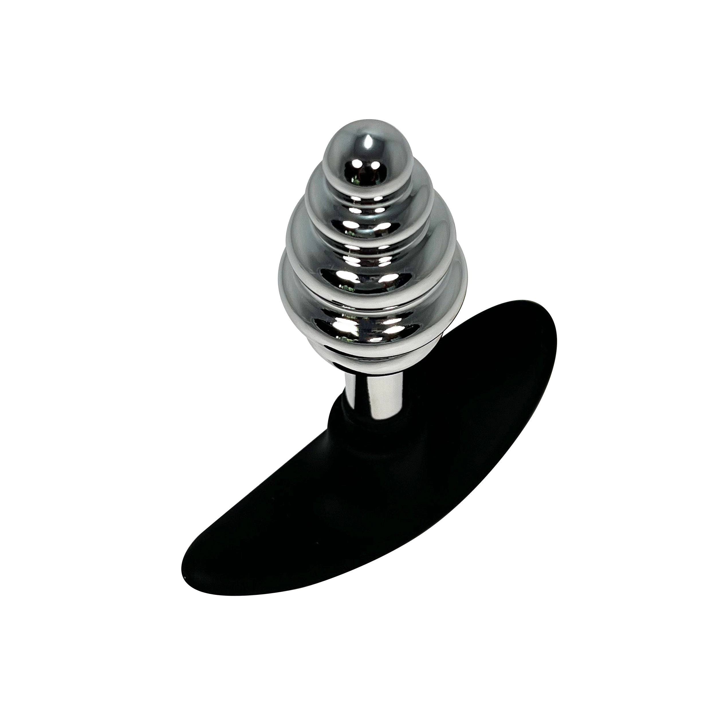 Fetish Pleasure Play Ribbed Metal Butt Plug With Silicone Handle